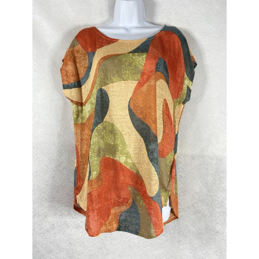 Rachel Zoe Top Womens Large Orange Green Geometric 100% Linen Wearable Art New